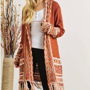 ADORA Full Size Fringe Hem Aztec Border Cardigan